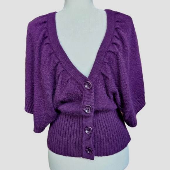 CYC purple sweater V-neck & back short butterfly sleeve ribbed wide waist size M - Picture 2 of 13